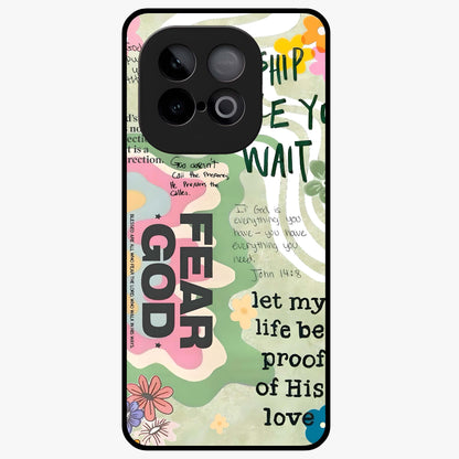 Faith Over Fear Glass Case showing flat back view with motivational typography artwork and glossy glass finish.
