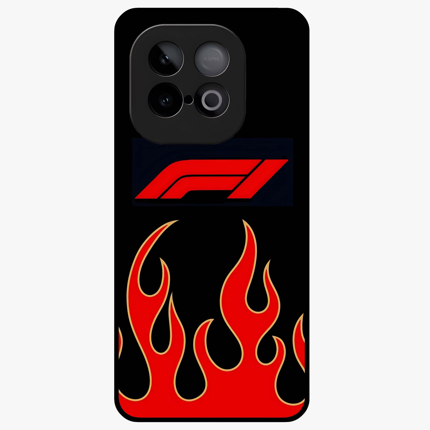 Fire F11 Glass Case showing flat back view with fiery themed artwork and glossy glass finish.