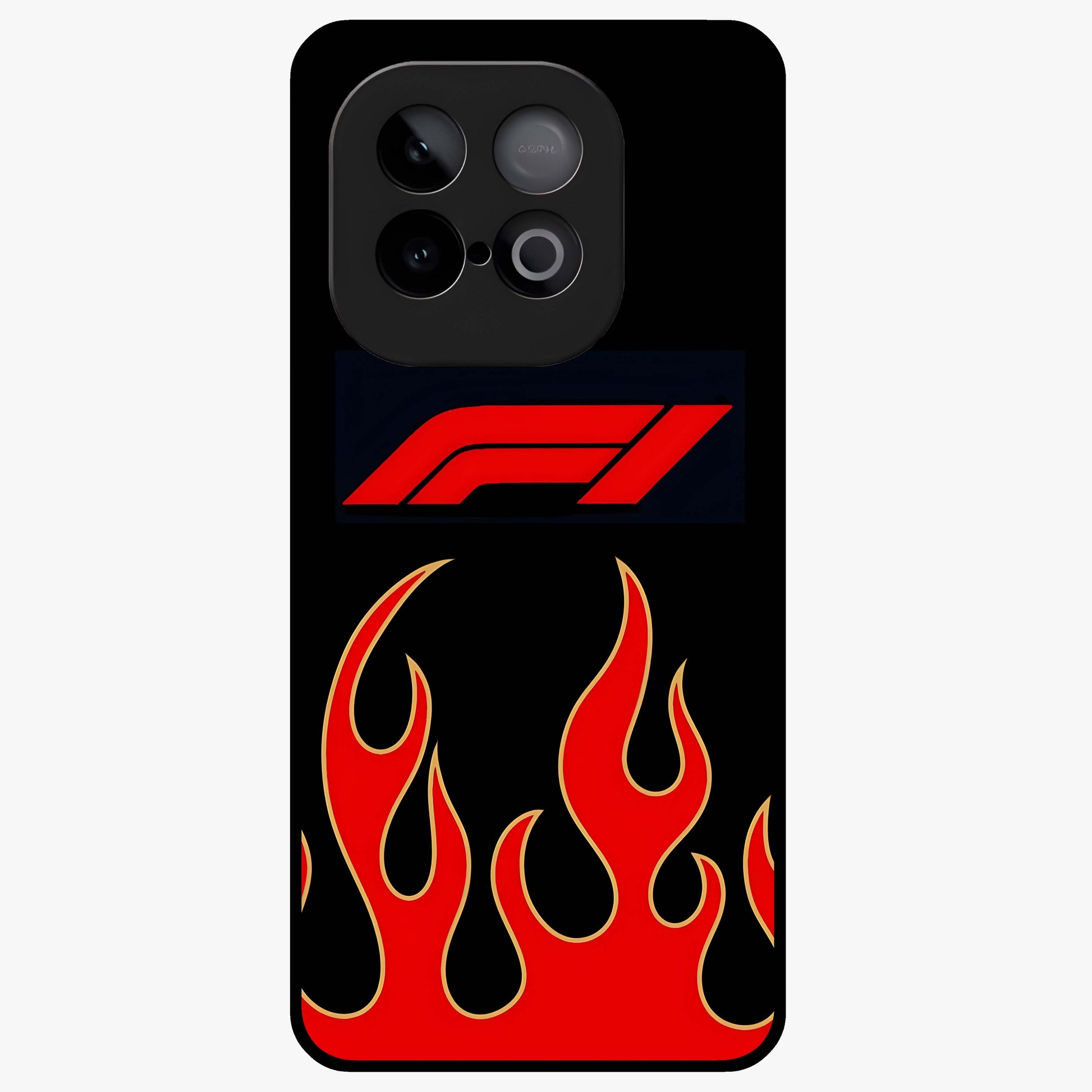 Fire F11 Glass Case showing flat back view with fiery themed artwork and glossy glass finish.