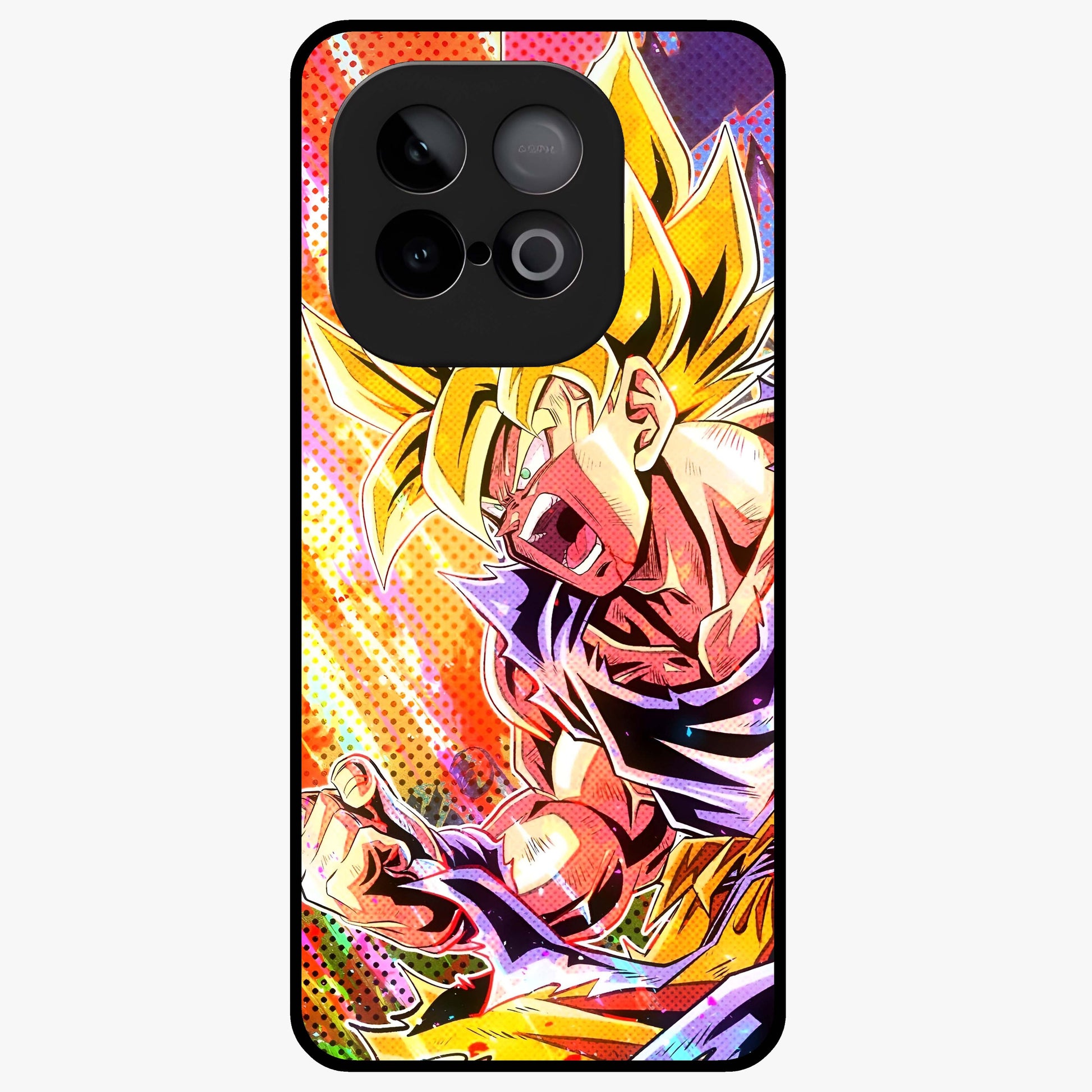 Firing Goku Glass Case showing flat back view with powerful anime inspired artwork and glossy glass finish.