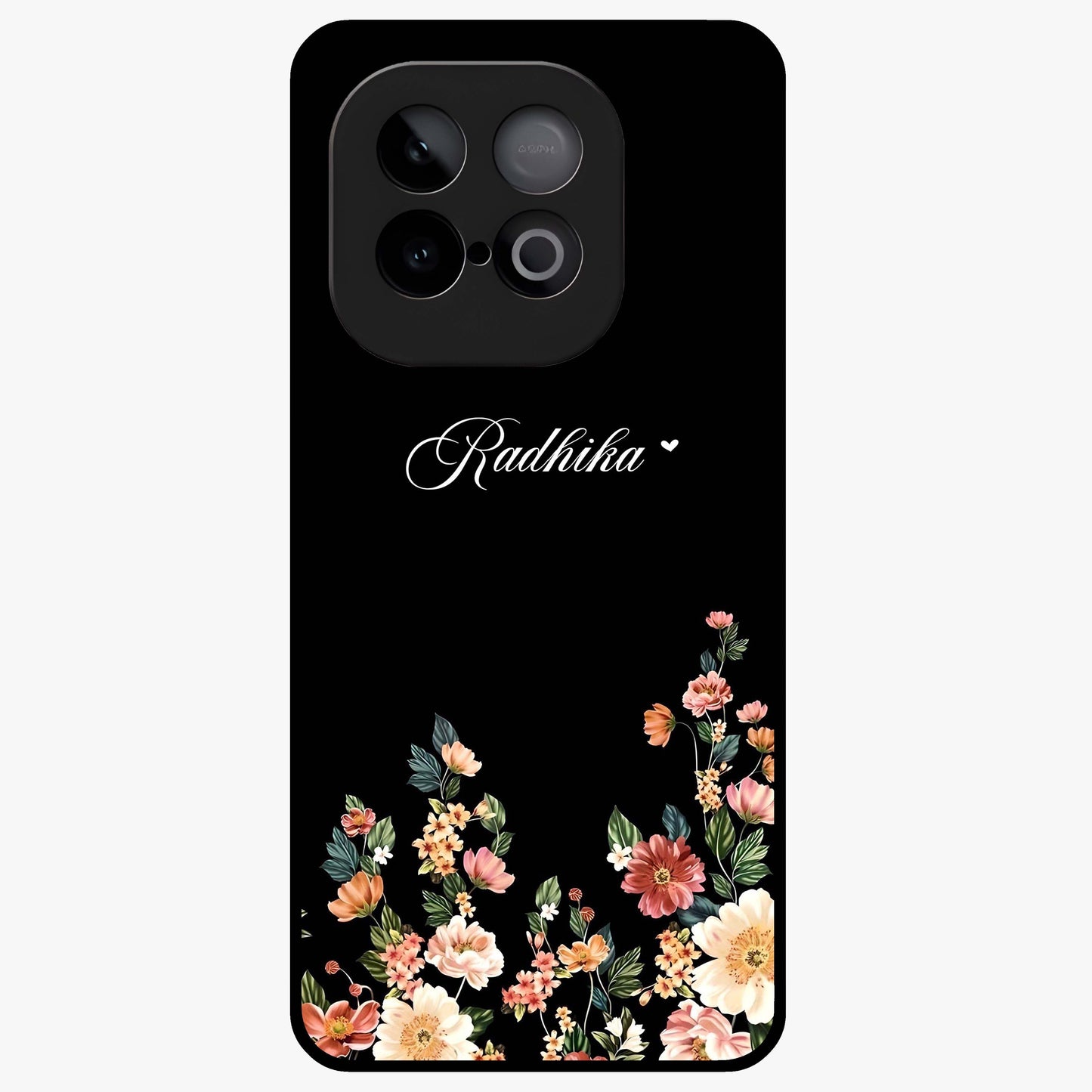 Floral Design With a Custom Personalized Name Glass Case showing flat back view with floral artwork and personalized name design.