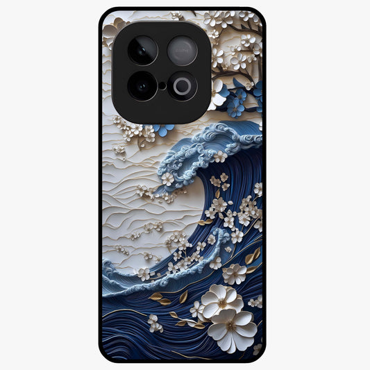 Floral Wave Origami Glass Case showing flat back view with origami inspired floral wave artwork and glossy glass finish.
