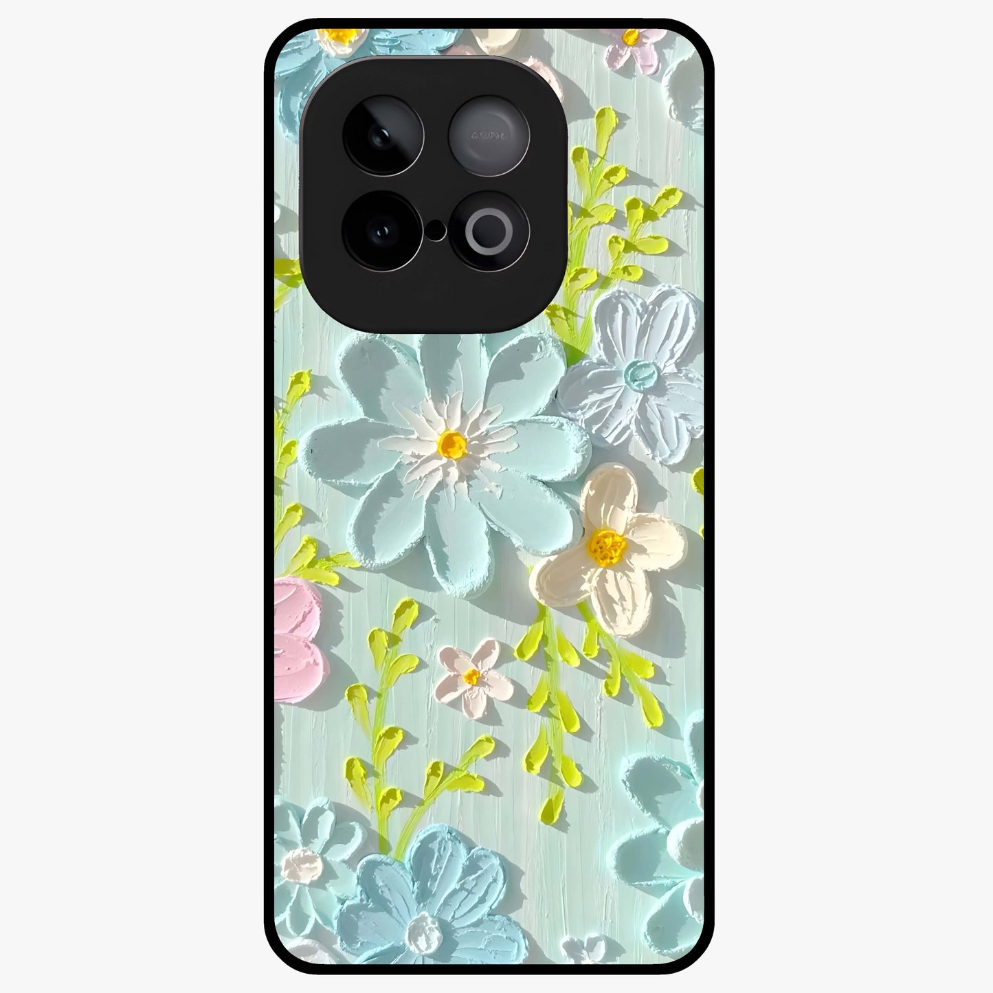 Frosted Petal Garden Glass Case showing flat back view with soft frosted floral artwork and glossy glass finish.