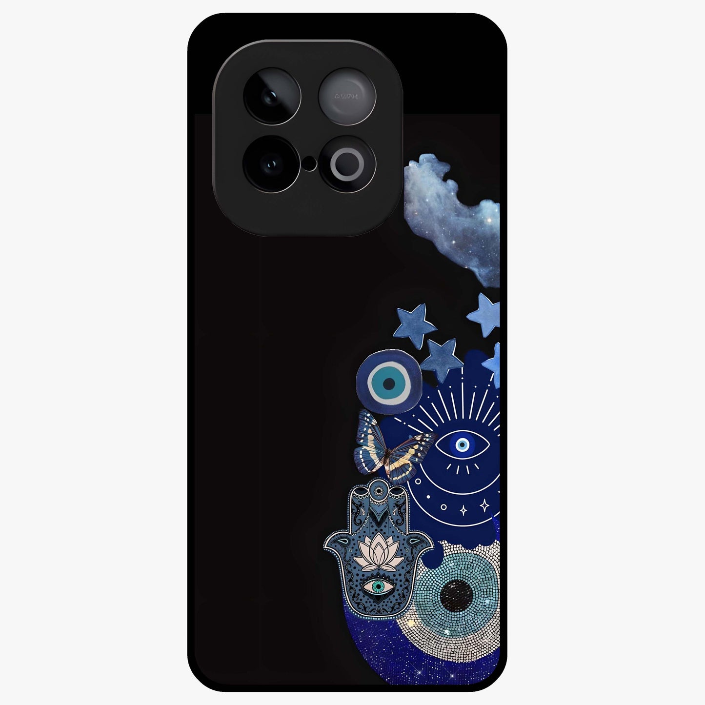 Galactic Charm Cluster Glass Case showing flat back view with glowing celestial charm artwork and glossy glass finish.