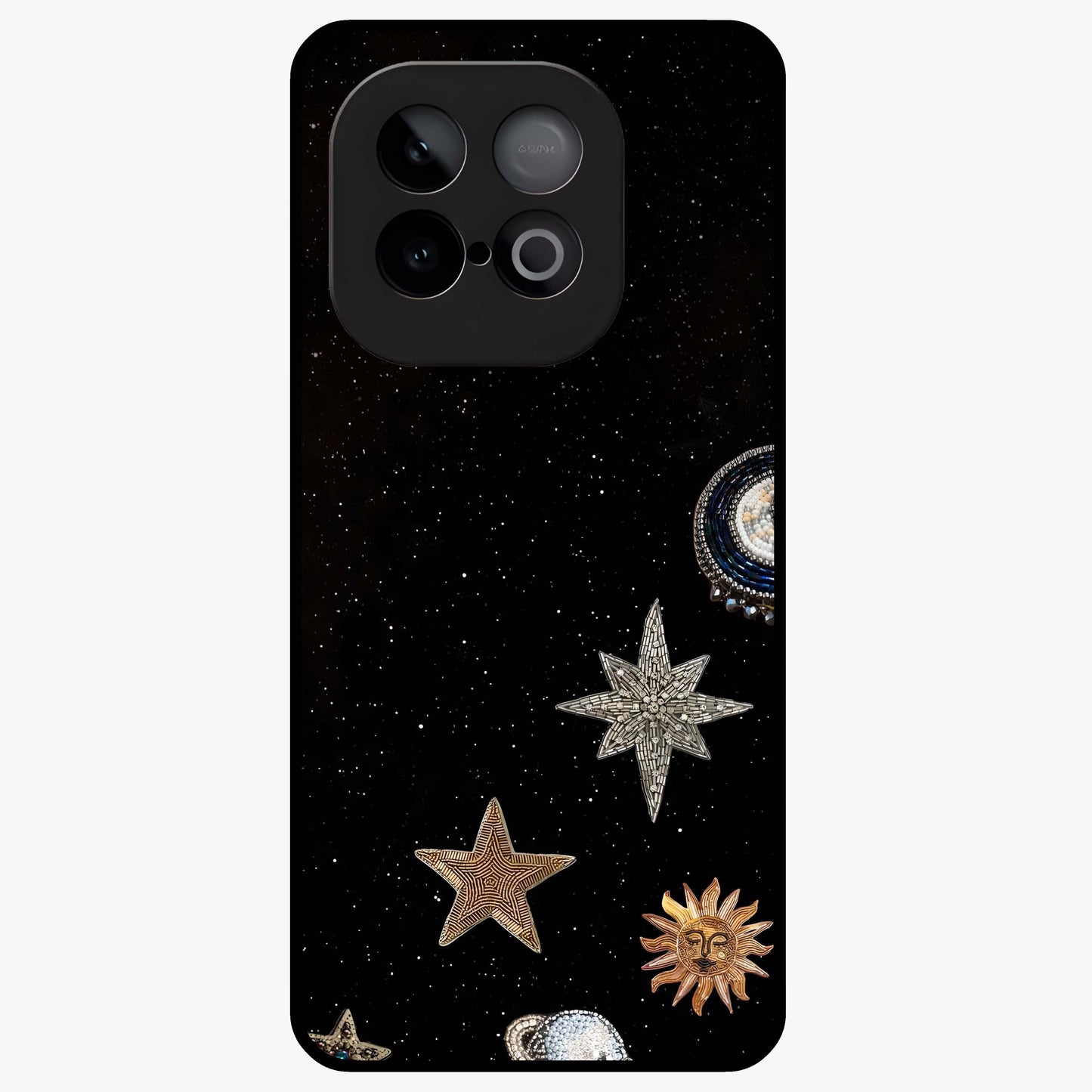 Galactic Charm Glow Glass Case showing flat back view with glowing celestial charm artwork and glossy glass finish.