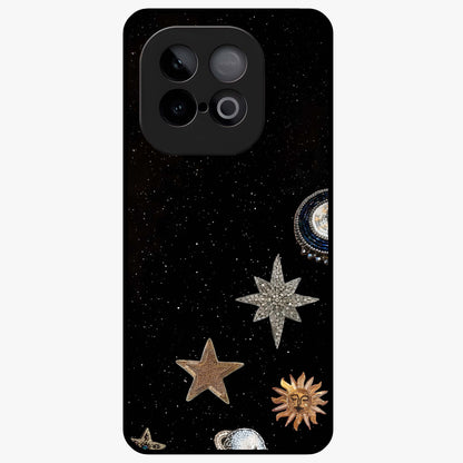 Galactic Charm Glow Glass Case showing flat back view with glowing celestial charm artwork and glossy glass finish.