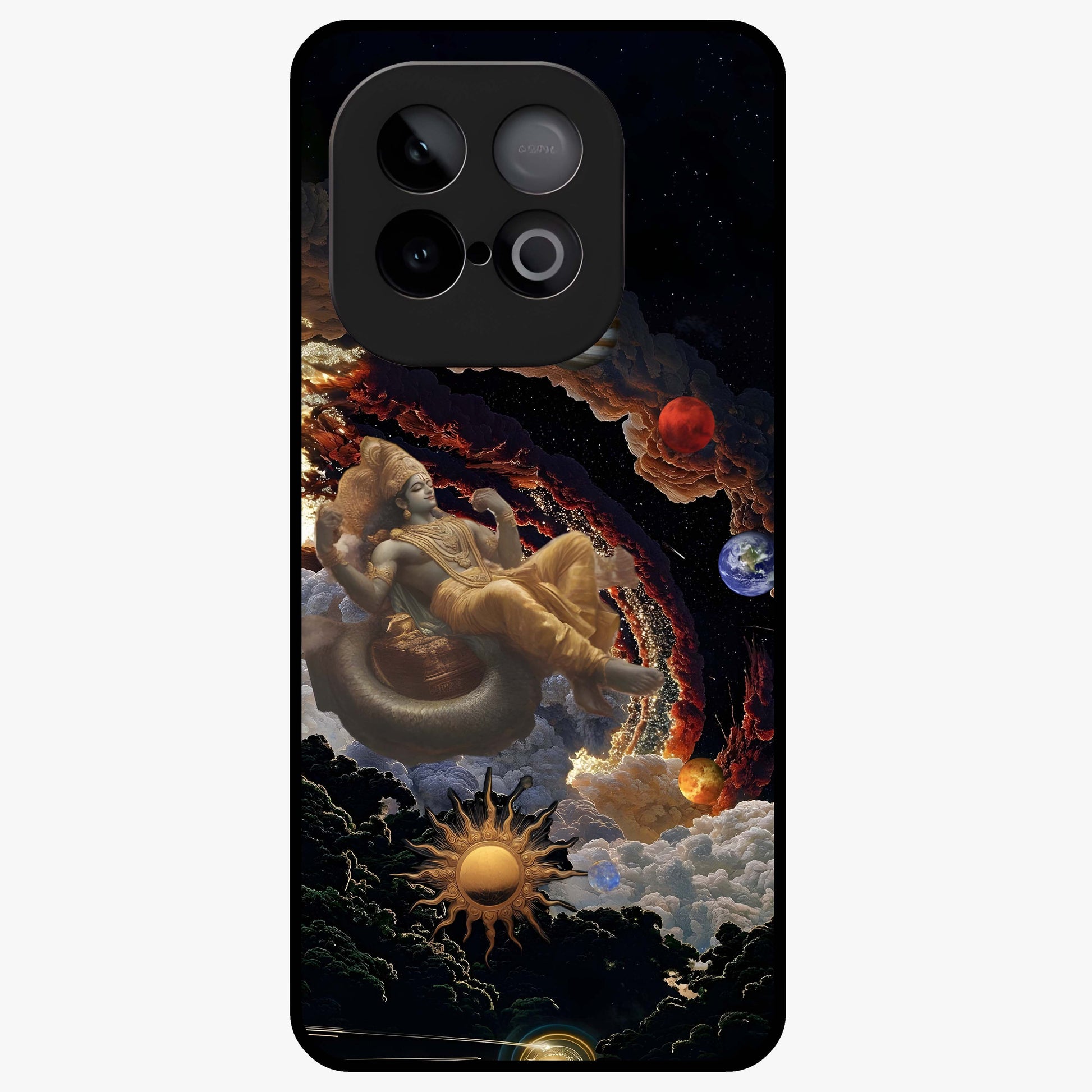 Galactic Divine God Glass Case showing flat back view with divine cosmic themed artwork and glossy glass finish.