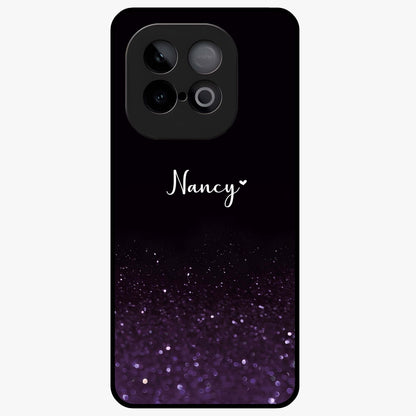 Glittery Purple Bokeh Custom Name Glass Case showing flat back view with purple bokeh sparkle artwork and personalized name design.