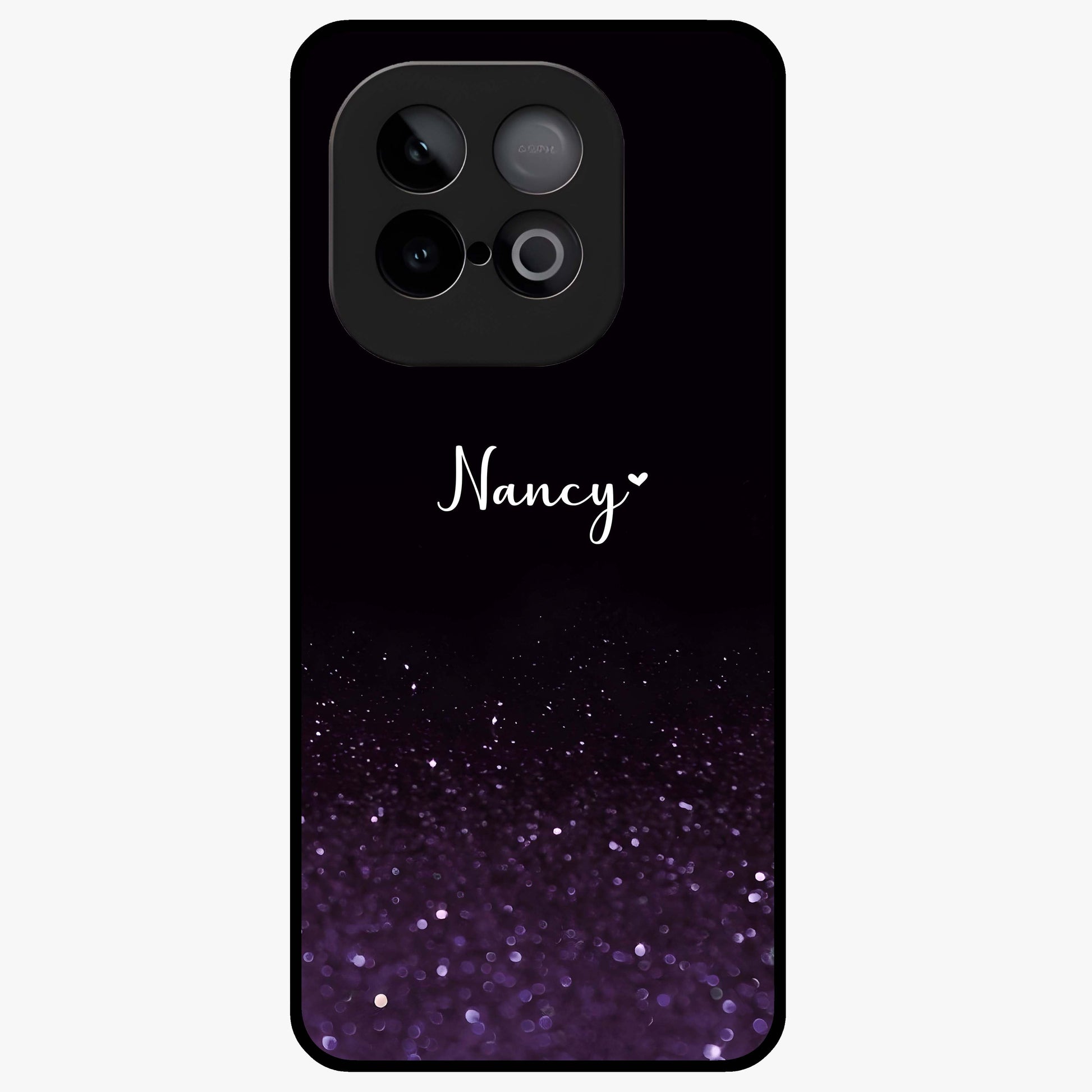 Glittery Purple Bokeh Custom Name Glass Case showing flat back view with purple bokeh sparkle artwork and personalized name design.