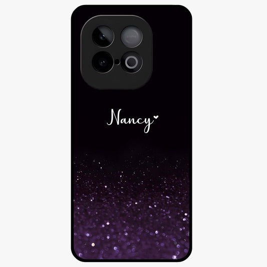 Glittery Purple Bokeh Custom Name Glass Case showing flat back view with purple bokeh sparkle artwork and personalized name design.