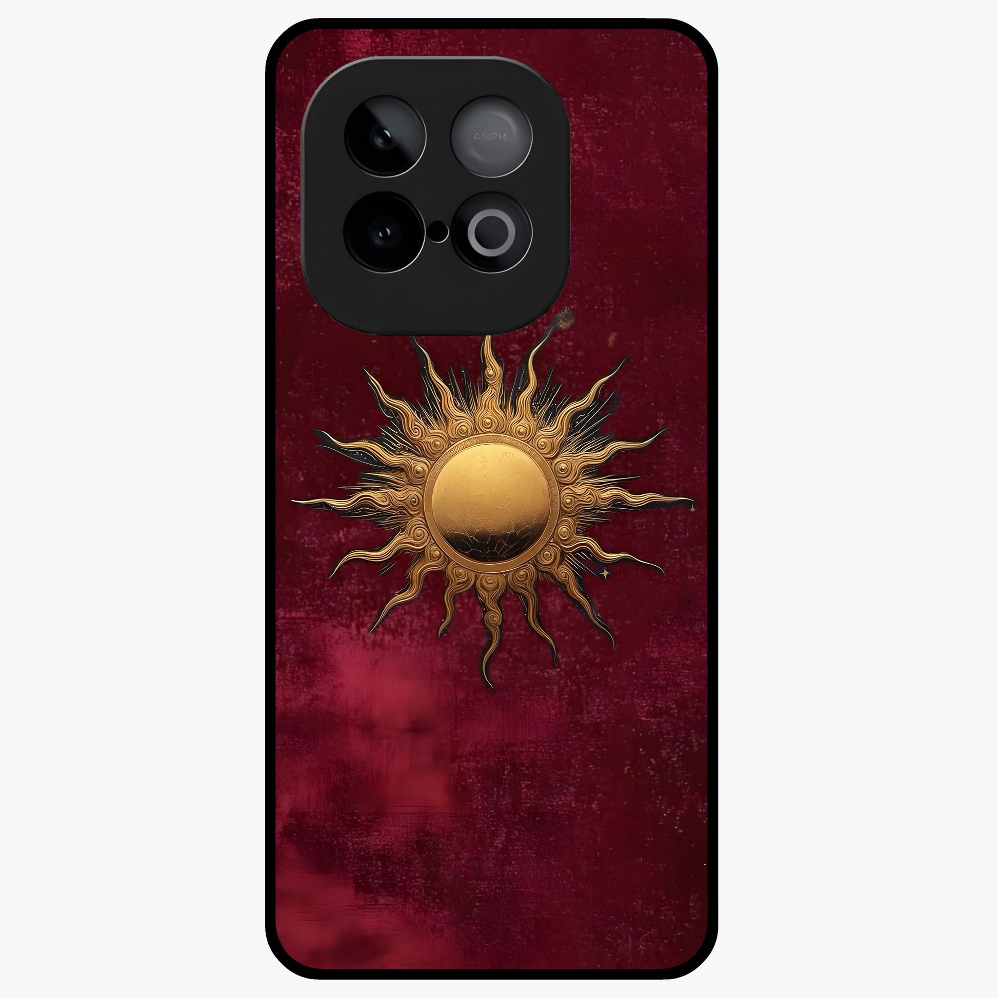 Gold Sun Blush Glass Case showing flat back view with golden sun inspired artwork and glossy glass finish.