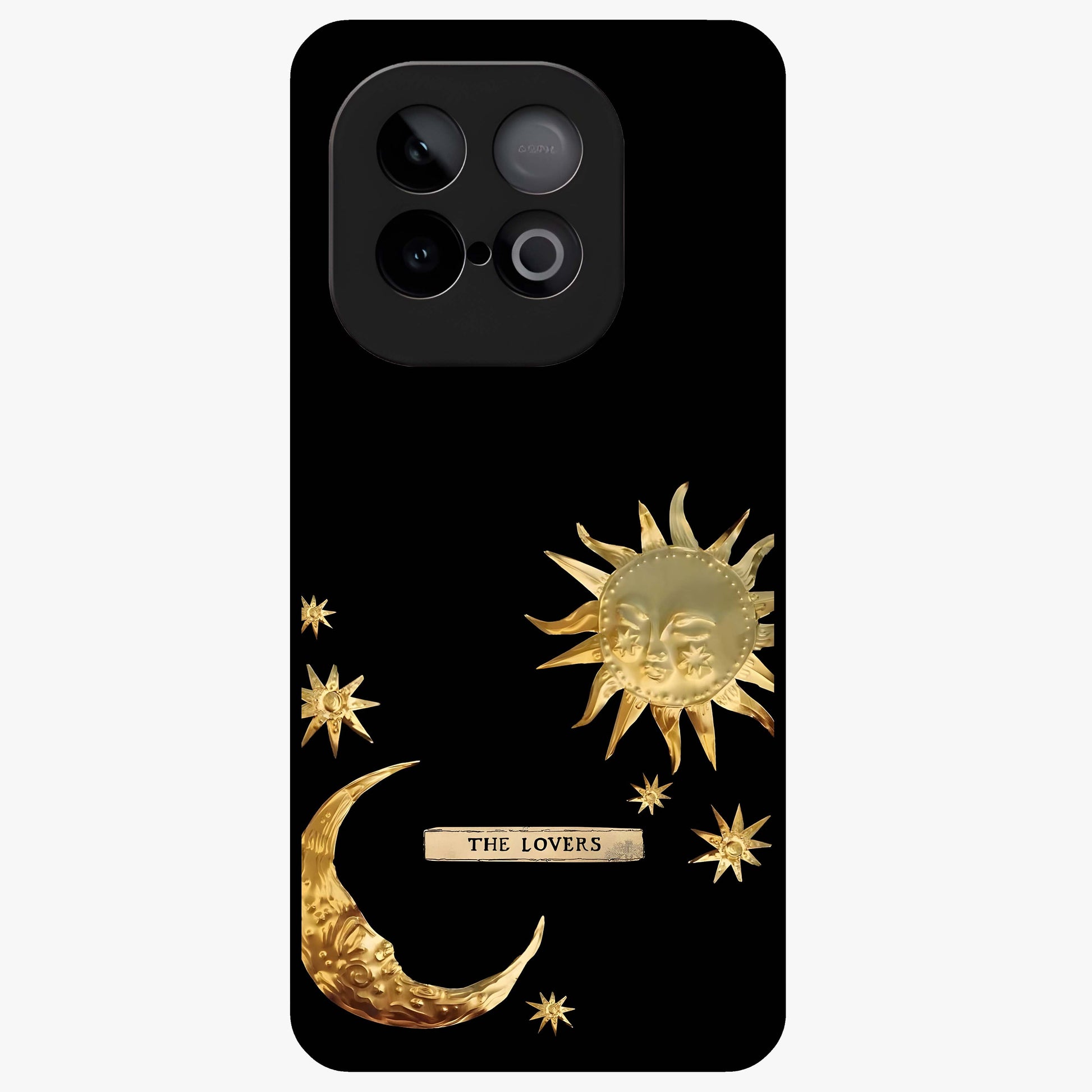 Golden Celestial Charm Glass Case showing flat back view with golden celestial charm artwork and glossy glass finish.