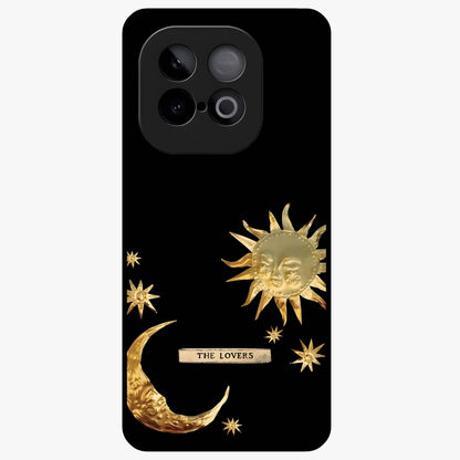 Golden Celestial Charm Glass Case showing flat back view with golden celestial charm artwork and glossy glass finish.