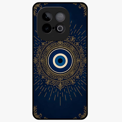 Golden Evil Eye Mandala Glass Case showing flat back view with intricate evil eye mandala artwork and glossy glass finish.