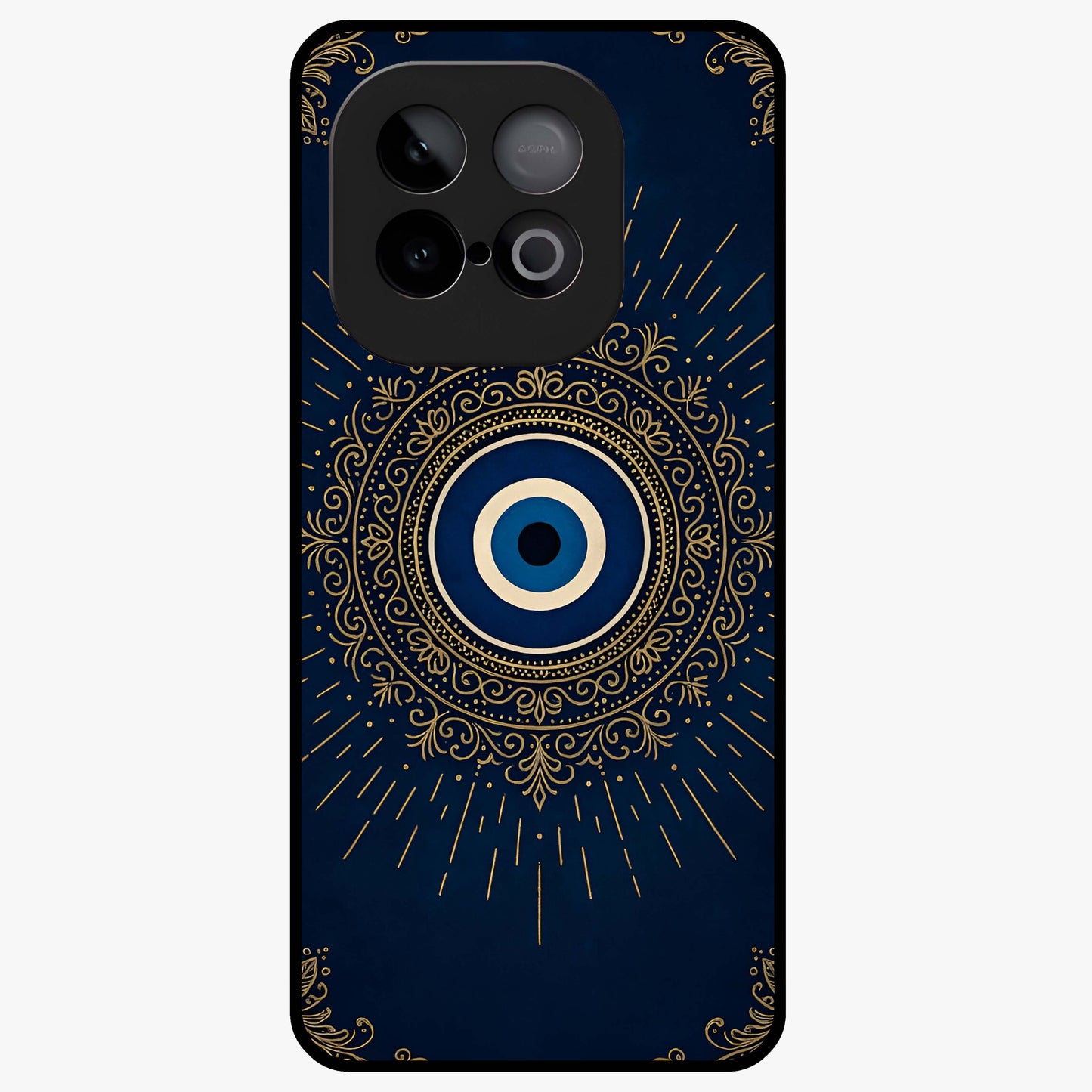 Golden Evil Eye Mandala Glass Case showing flat back view with intricate evil eye mandala artwork and glossy glass finish.