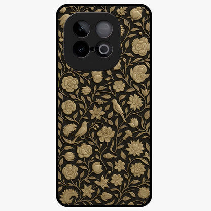 Golden Floral Majesty Glass Case showing flat back view with luxurious golden floral artwork and glossy glass finish.