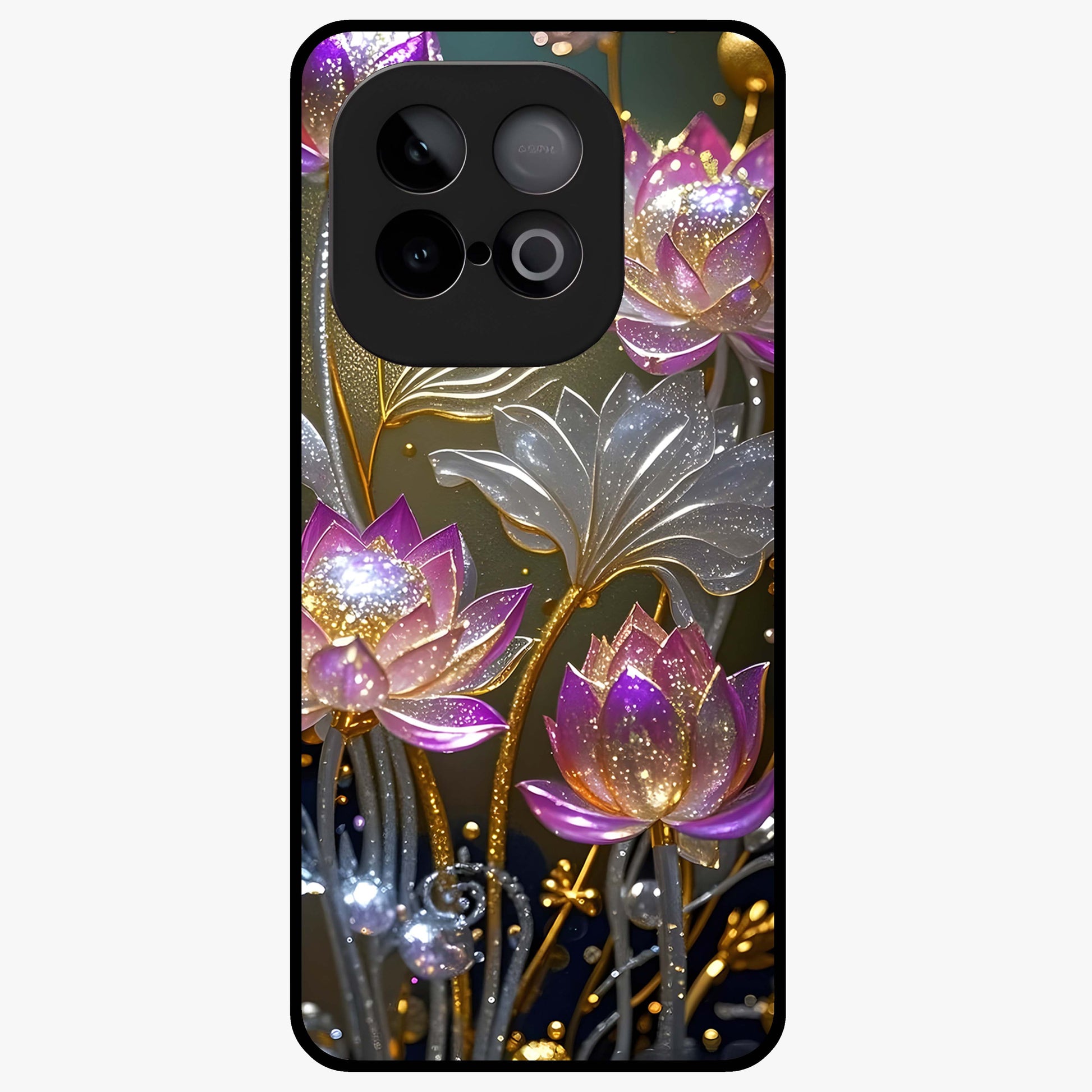 Golden Lotus Glow Glass Case showing flat back view with glowing lotus flower artwork and glossy glass finish.