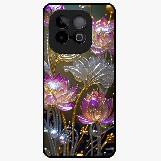 Golden Lotus Glow Glass Case showing flat back view with glowing lotus flower artwork and glossy glass finish.