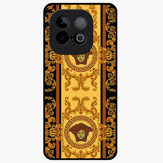 Golden Royal Heritage Glass Case showing flat back view with ornate royal pattern artwork and glossy glass finish.