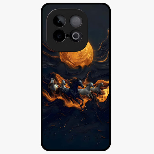 Golden Stallion Moonride Glass Case showing flat back view with majestic horse under moonlight artwork and glossy glass finish.