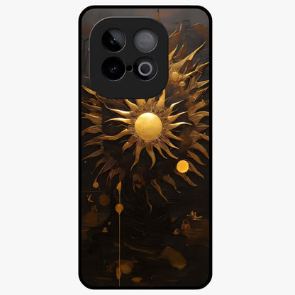 Golden Sun Majesty Glass Case showing flat back view with radiant golden sun artwork and glossy glass finish.
