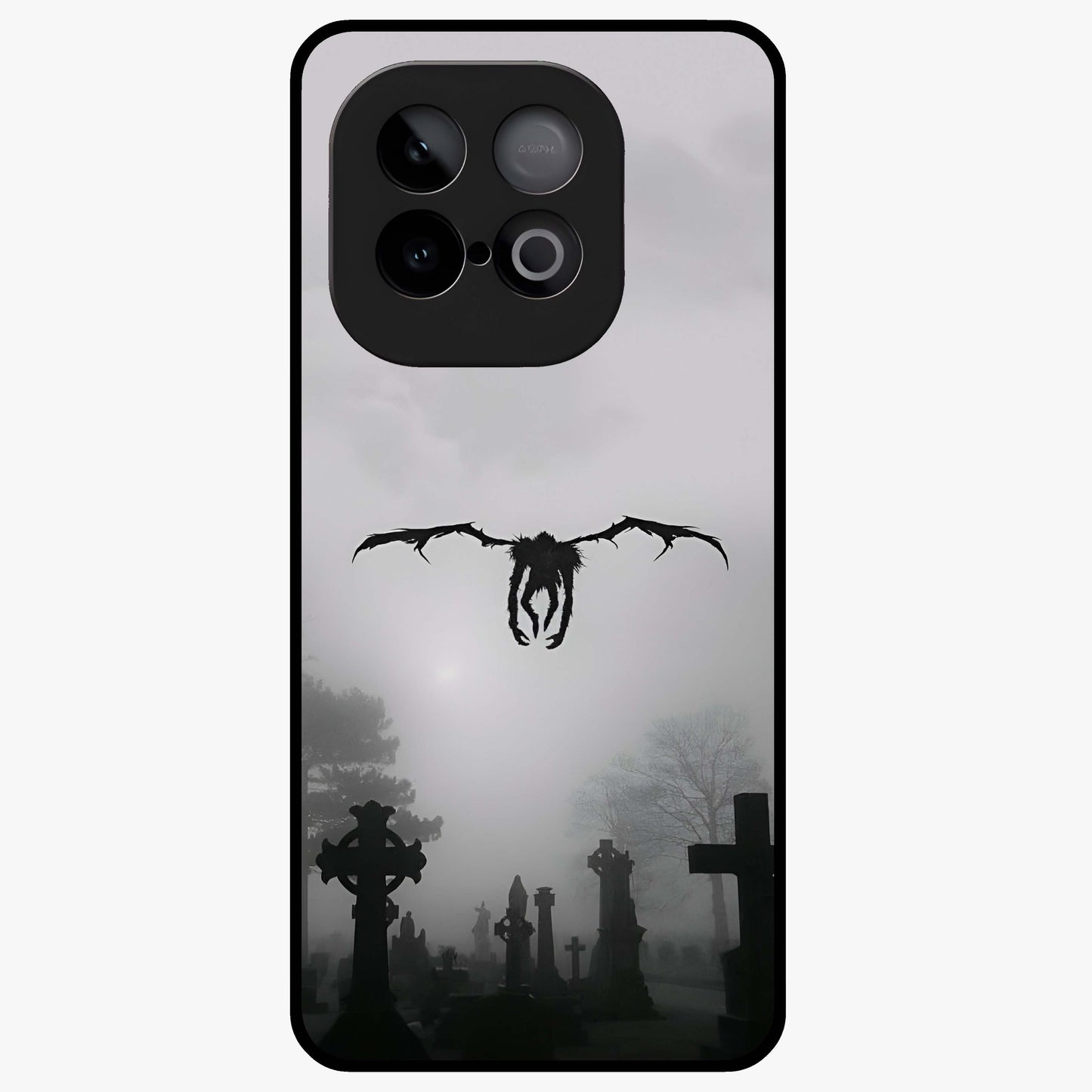 Graveyard Shadow Descent Glass Case showing flat back view with dark graveyard themed artwork and glossy glass finish.