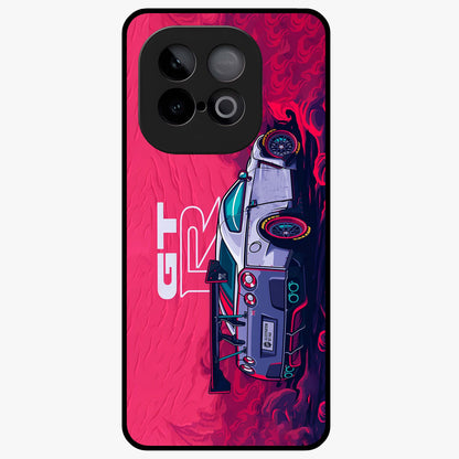 GT-R Car Pattern Glass Case showing flat back view with sporty car inspired pattern artwork and glossy glass finish.