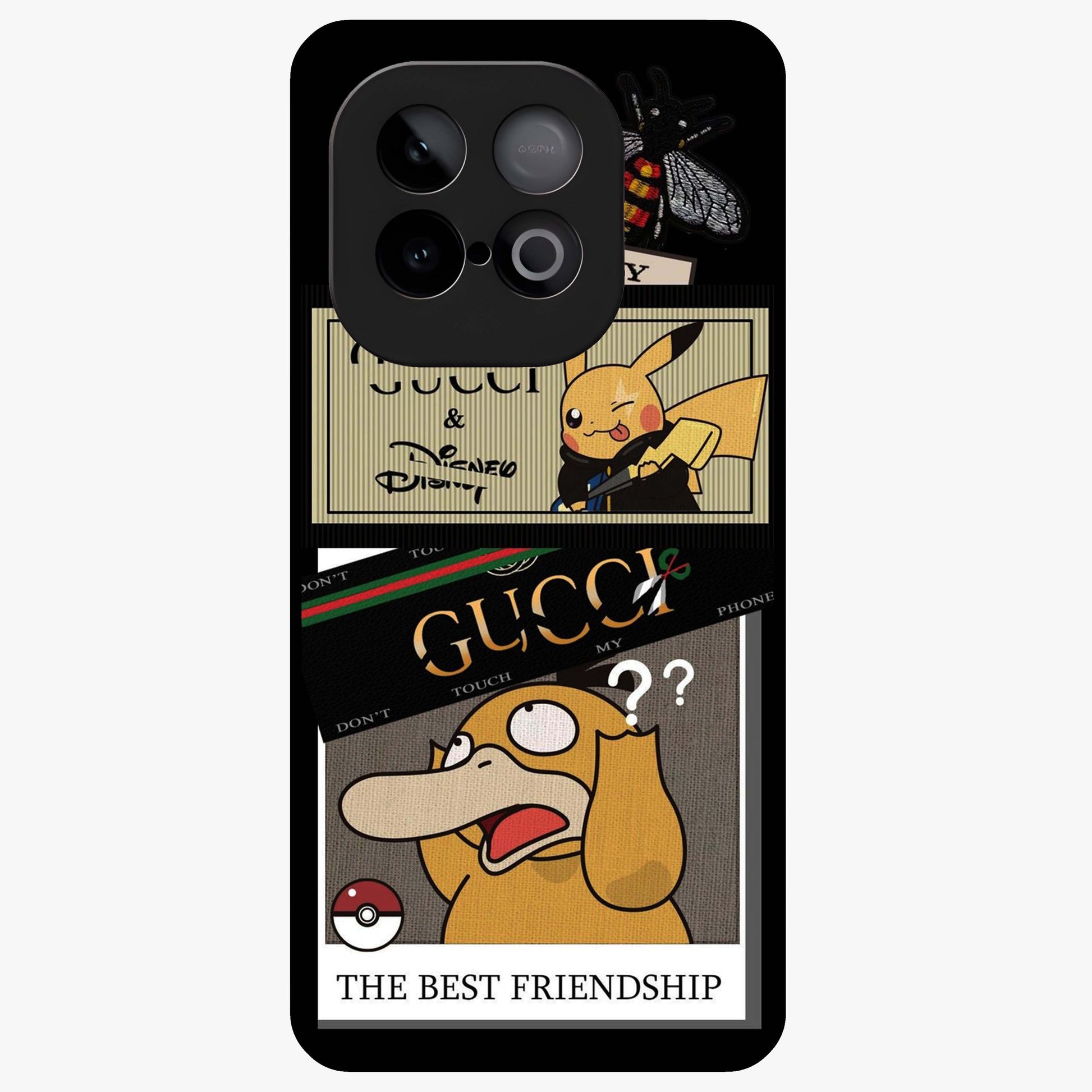 Gucci Play Mashup Glass Case showing flat back view with luxury inspired graphic artwork and glossy glass finish.