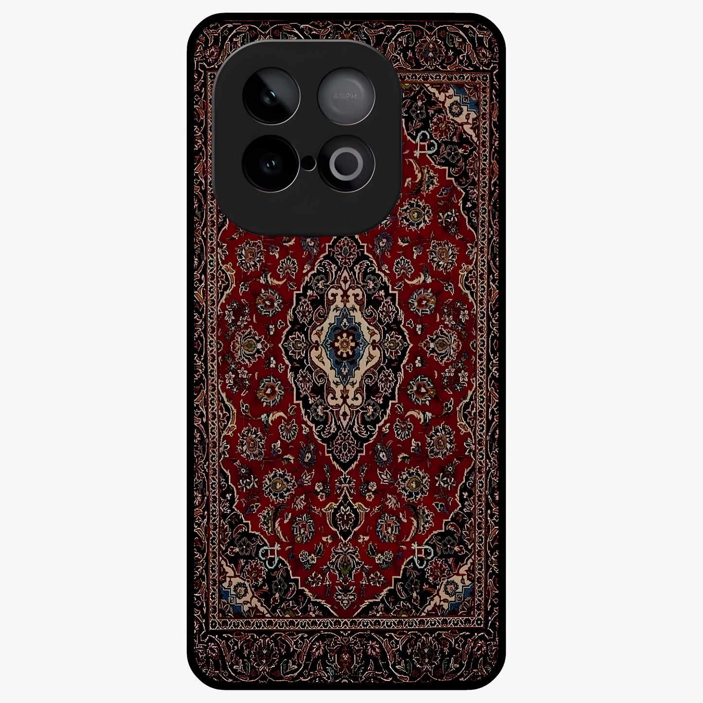 Heritage Carpet Royale Glass Case showing flat back view with ornate Persian carpet inspired pattern and glossy glass finish.