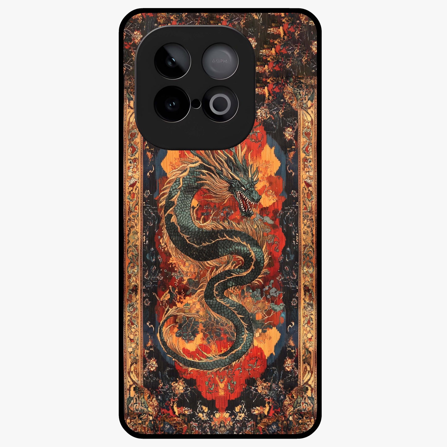Inferno Dragon Soul Glass Case showing flat back view with fiery dragon artwork and glossy glass finish.