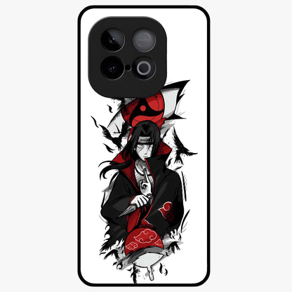 Itachi Sharingan Glass Case showing flat back view with powerful anime eye artwork and glossy glass finish.