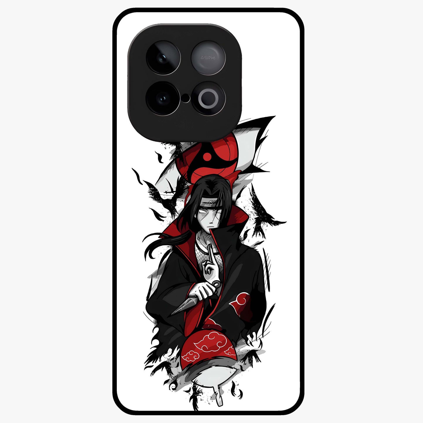 Itachi Sharingan Glass Case showing flat back view with powerful anime eye artwork and glossy glass finish.