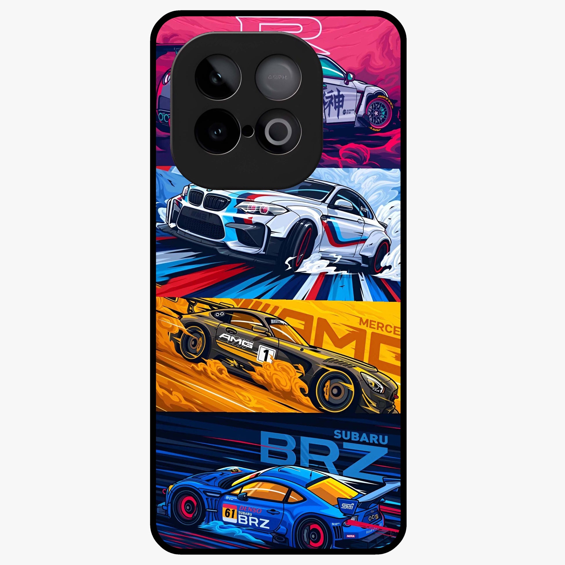 JDM Sports Car Glass Case showing flat back view with high performance sports car artwork and glossy glass finish.