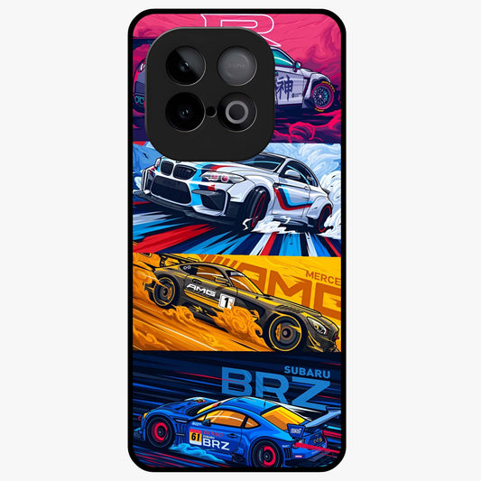 JDM Sports Car Glass Case showing flat back view with high performance sports car artwork and glossy glass finish.