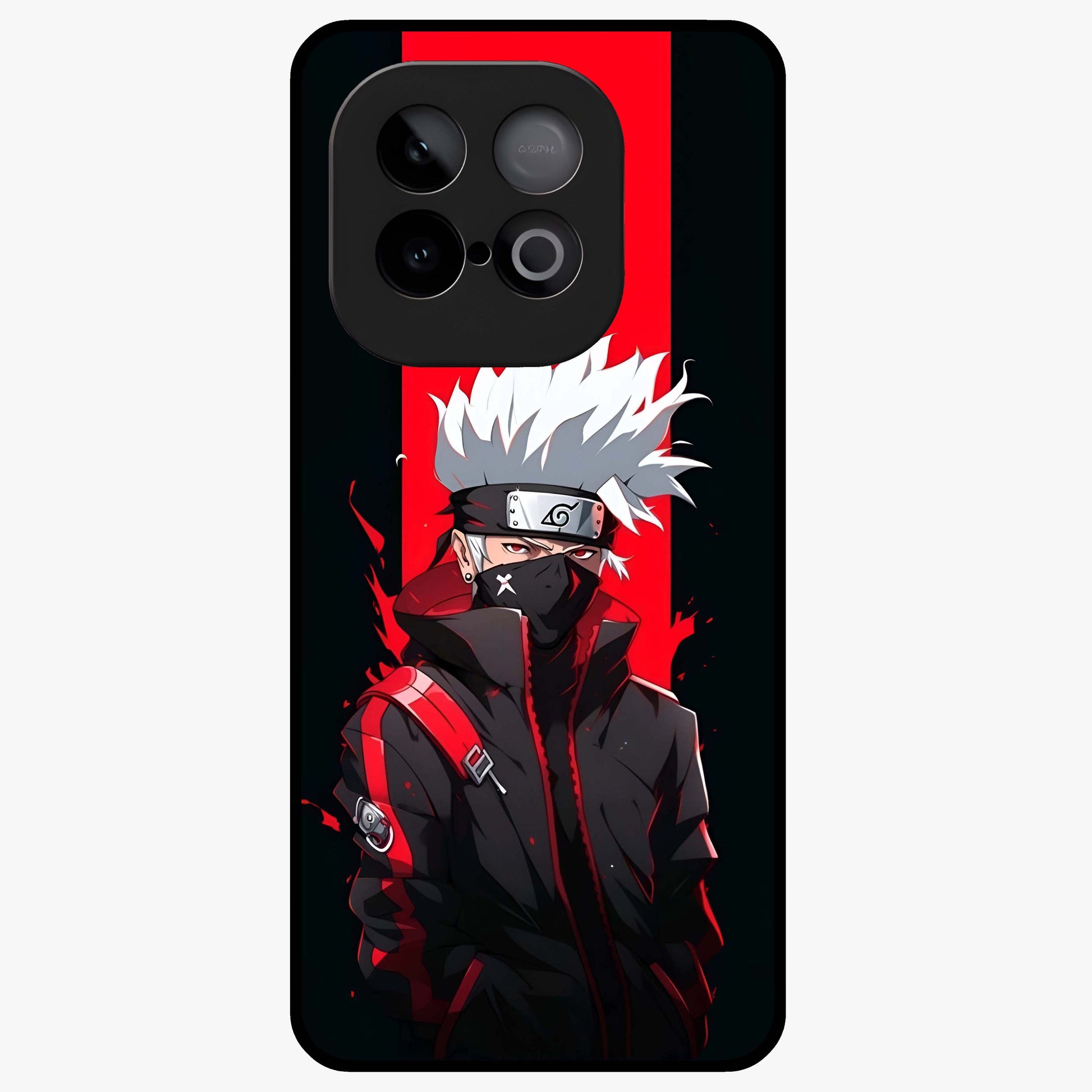 Kakashi Scarlet Shadow Glass Case showing flat back view with powerful anime ninja artwork and glossy glass finish.