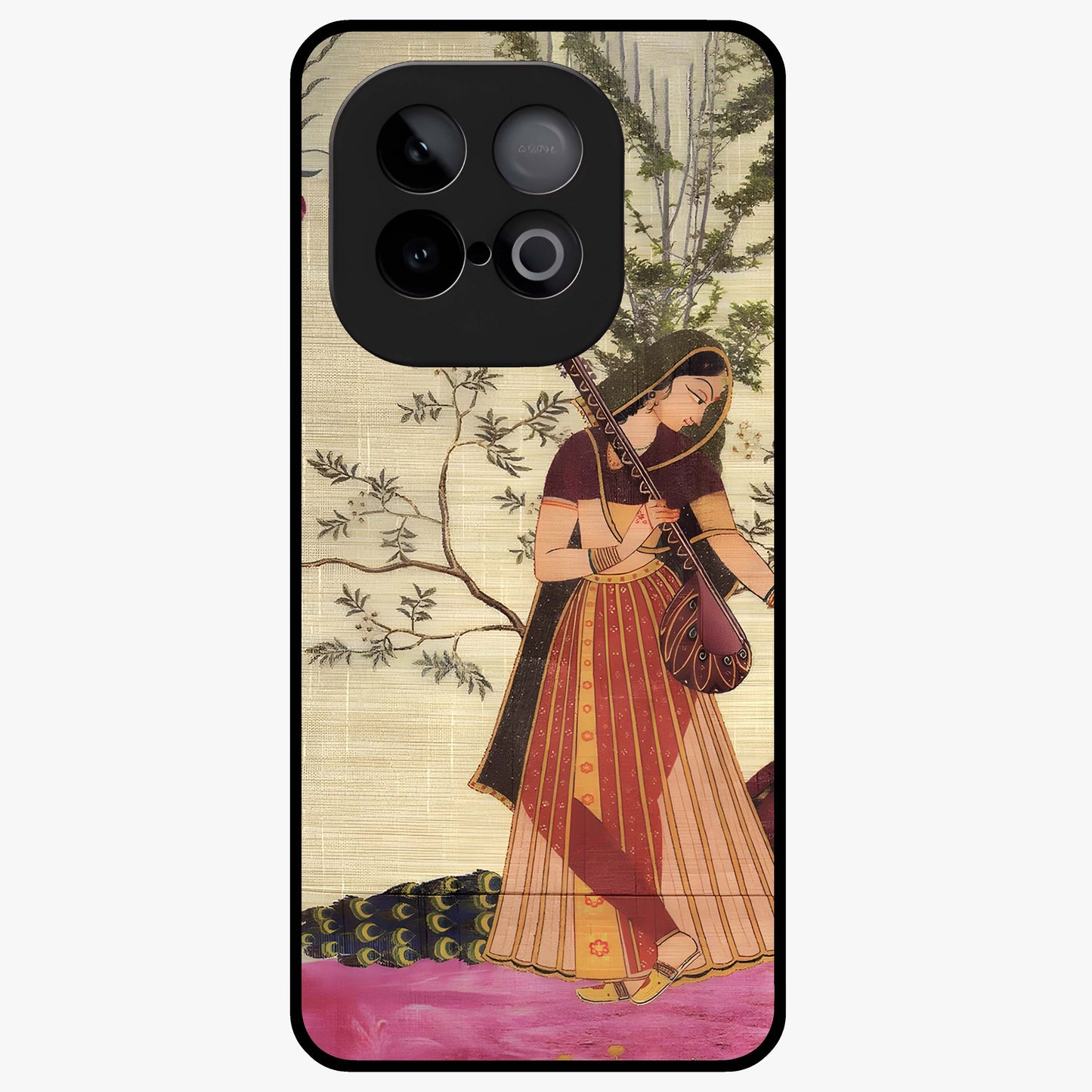 Lady With Veena Art Glass Case showing flat back view with elegant woman playing veena artwork and glossy glass finish.