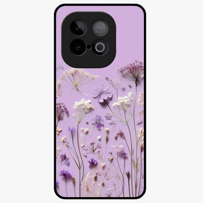 Lavender Blossom Dream Glass Case showing flat back view with soft lavender floral artwork and glossy glass finish.
