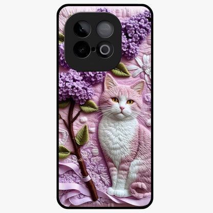 Lavender Cat Whimsy Glass Case showing flat back view with cute lavender cat artwork and glossy glass finish.