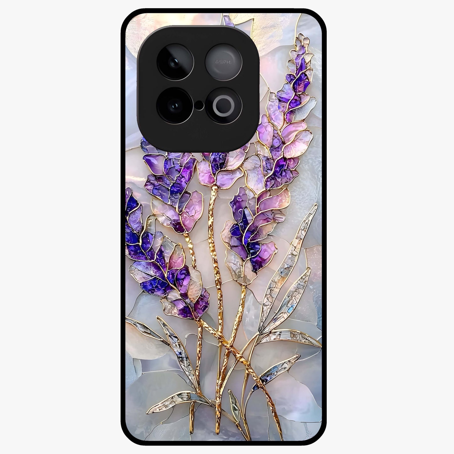 Lavender Dream Glow Glass Case showing flat back view with glowing lavender aesthetic artwork and glossy glass finish.