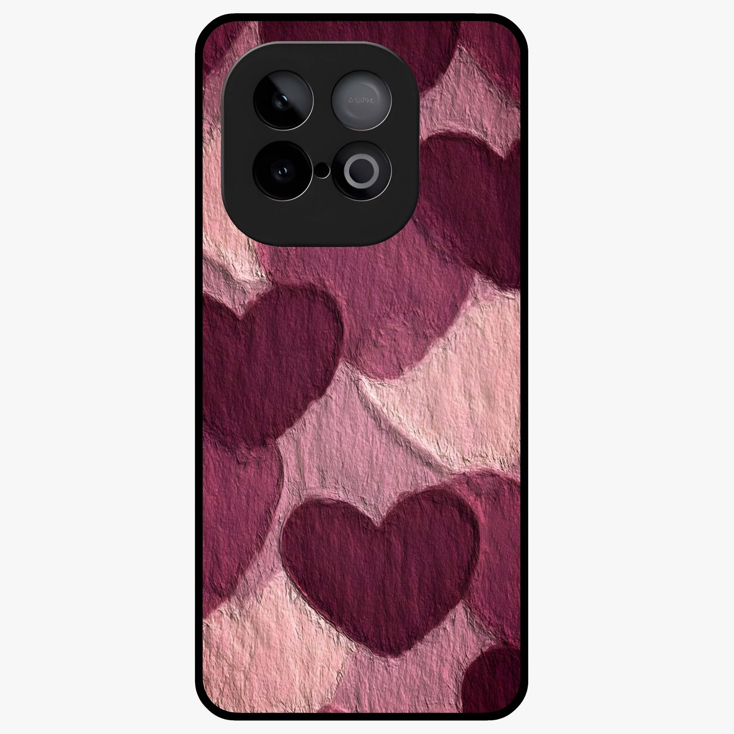 Layered Paper Hearts Glass Case showing flat back view with layered paper heart artwork and glossy glass finish.