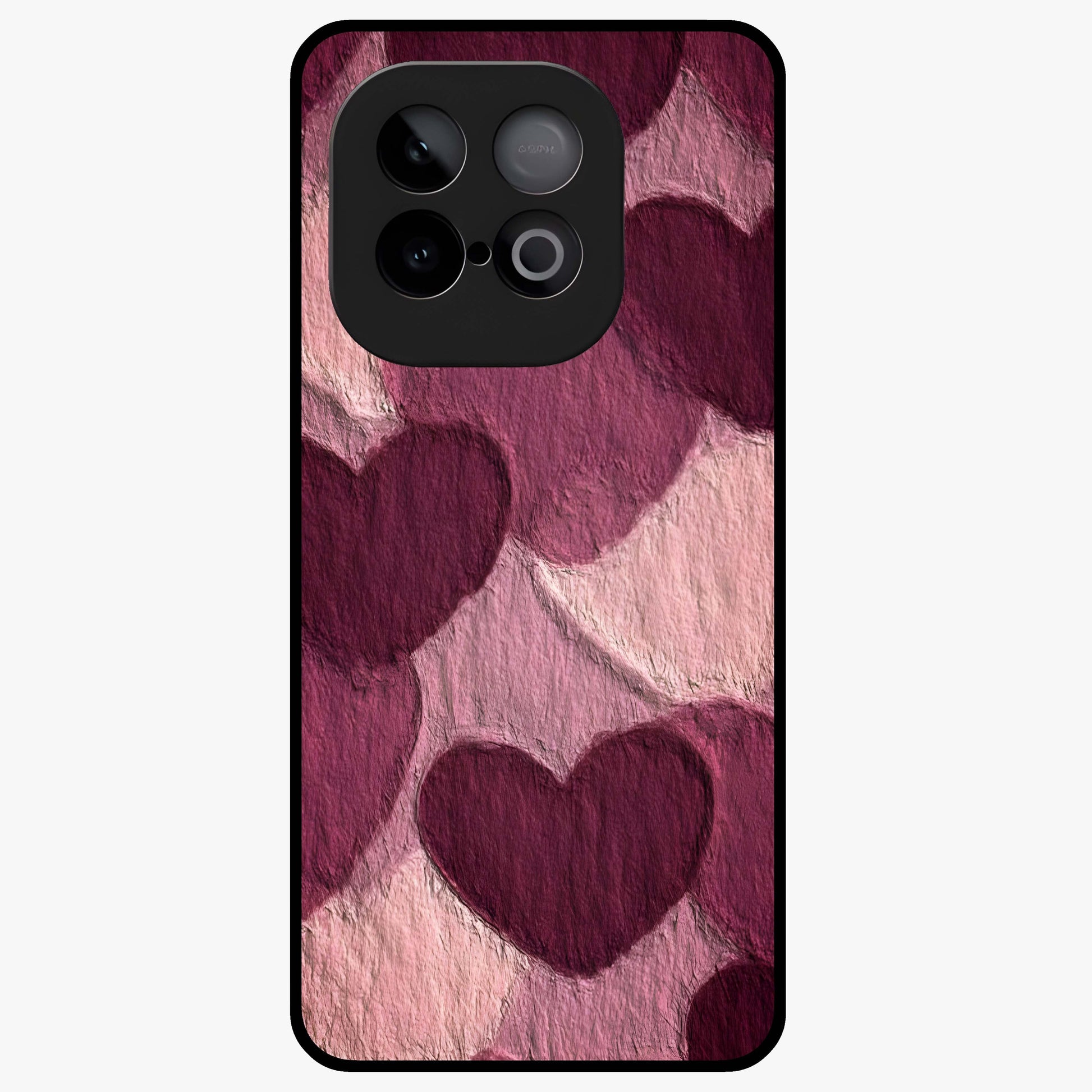 Layered Paper Hearts Glass Case showing flat back view with layered paper heart artwork and glossy glass finish.