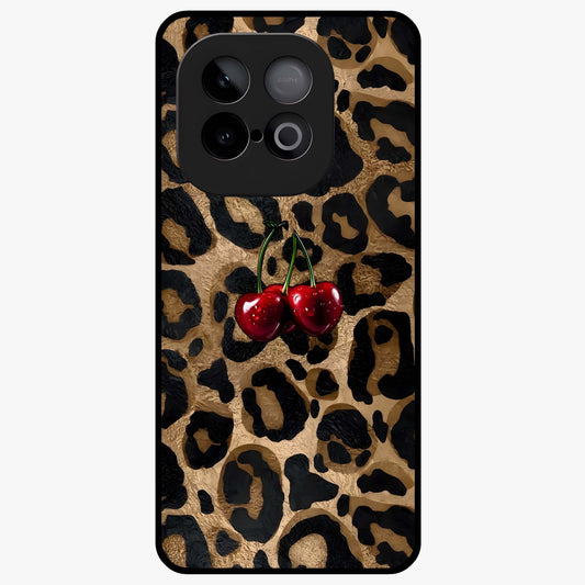 Leopard Wild Cherry Glass Case showing flat back view with leopard pattern and cherry artwork and glossy glass finish.