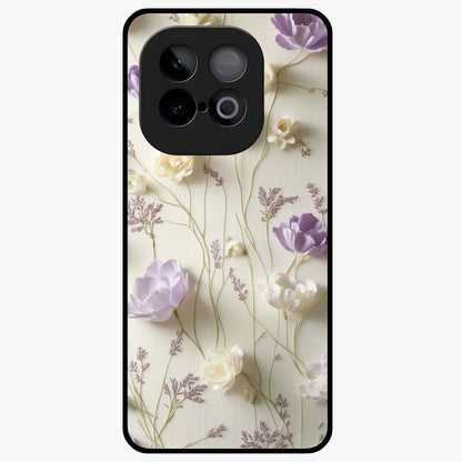 Lilac Breeze Harmony Glass Case showing flat back view with soft lilac themed artwork and glossy glass finish.