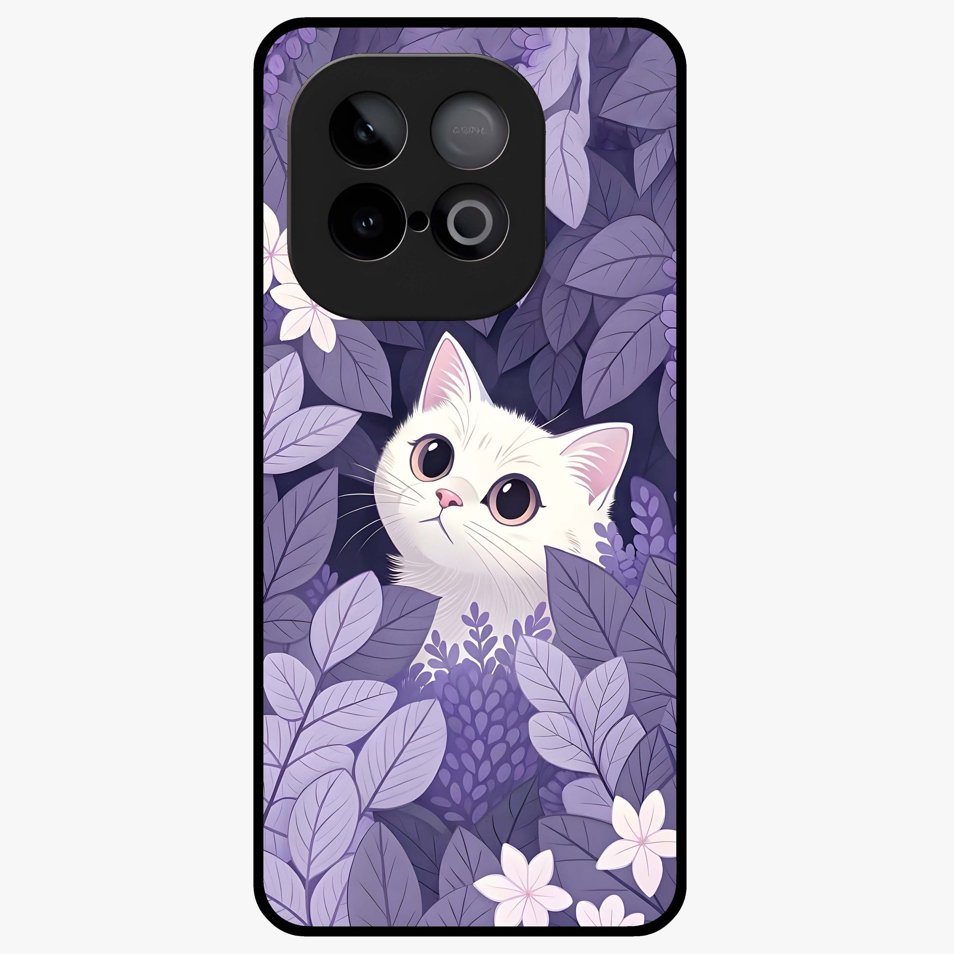 Lilac Hide Peek Cat Glass Case showing flat back view with cute peeking cat artwork and glossy glass finish.