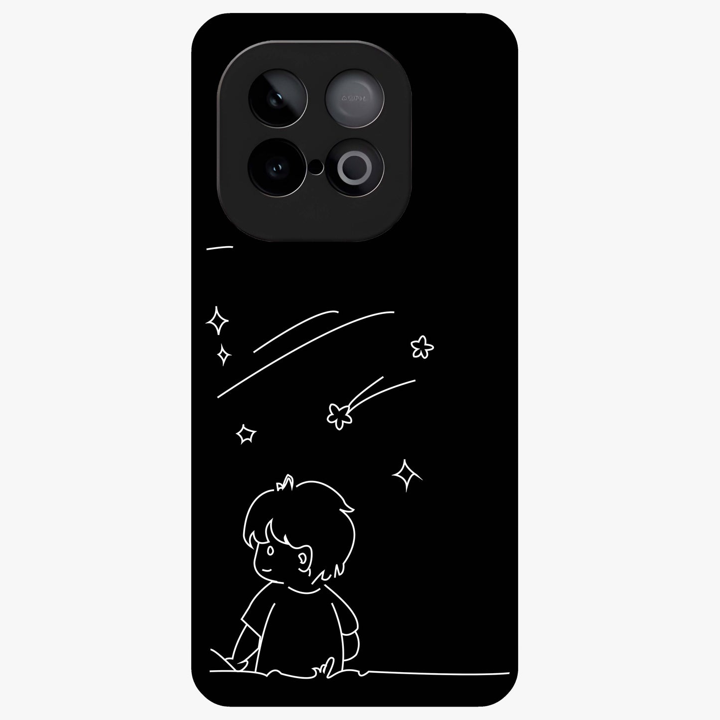 Line Art Boy With Shooting Stars Glass Case showing flat back view with minimal line art boy and shooting stars illustration and glossy glass finish.
