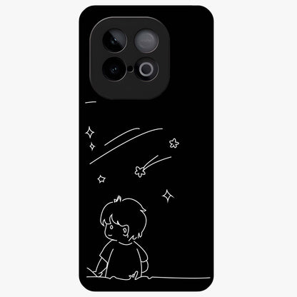 Line Art Boy With Shooting Stars Glass Case showing flat back view with minimal line art boy and shooting stars illustration and glossy glass finish.
