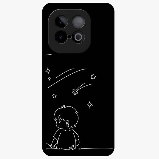 Line Art Boy With Shooting Stars Glass Case showing flat back view with minimal line art boy and shooting stars illustration and glossy glass finish.