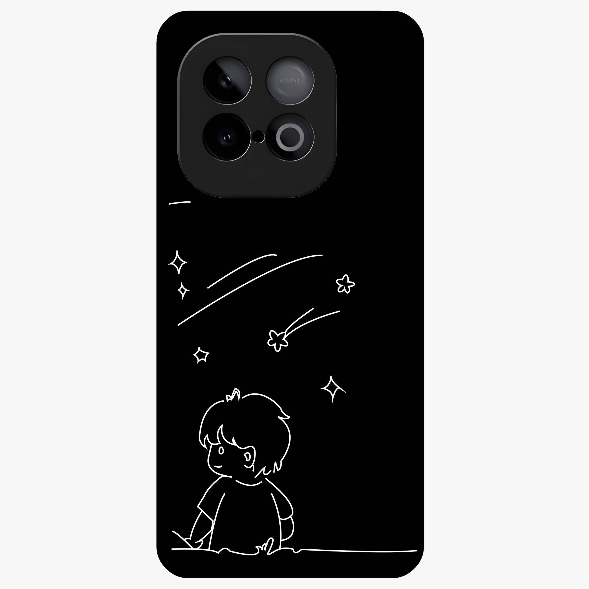 Line Art Boy With Shooting Stars Glass Case showing flat back view with minimal line art boy and shooting stars illustration and glossy glass finish.