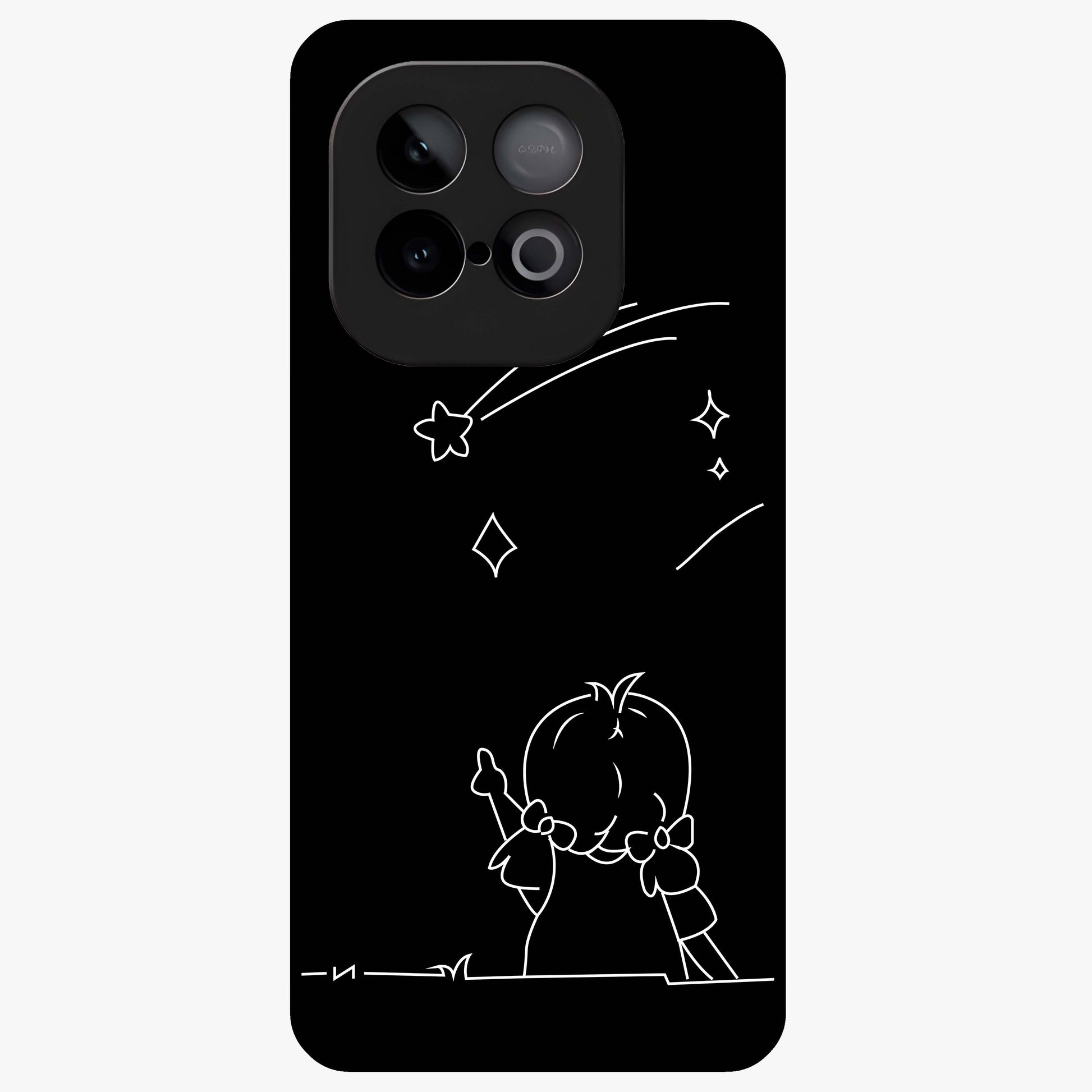 Line Art Girl With Shooting Stars Glass Case showing flat back view with minimal line art girl and shooting stars illustration and glossy glass finish.