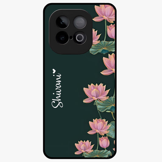 Lotus Bloom Serenity Custom Name Glass Case showing flat back view with elegant lotus flower artwork and personalized name design.